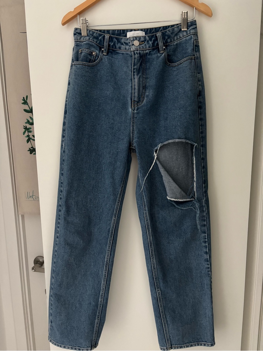 OAK + FORT Distressed Dark Blue Straight Leg Jeans